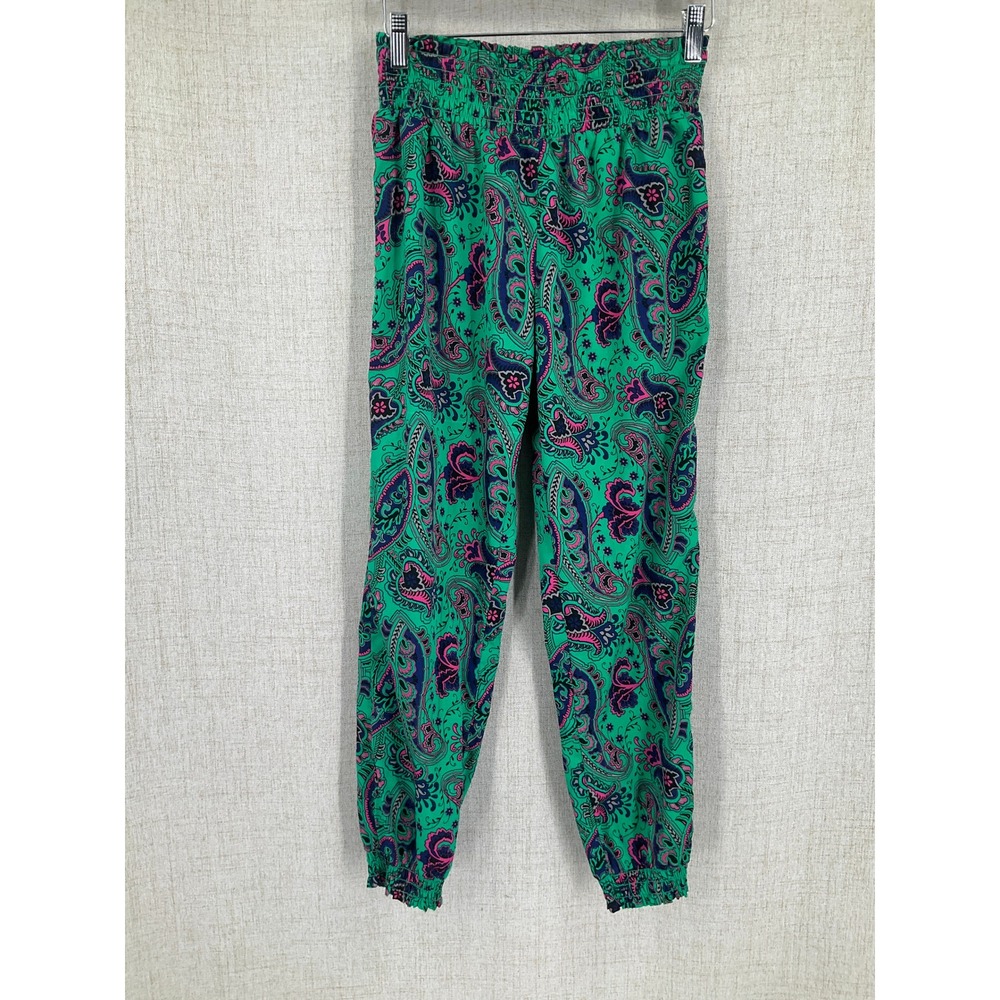 Aerie Jogger Pants Women Small Petite Green Paisley Smocked Boho Festival Airy